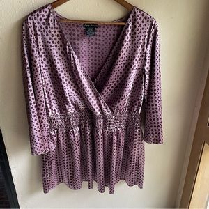 Simply Irresistible Crossover Vneck Tunic Top. Polka Dots. Lilac and Brown. 1X